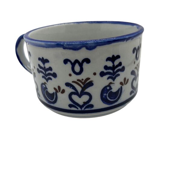 Soup Mug Bowl Handle Primitive Birds Made in Japan Vintage Stoneware Blue Heart - Picture 2 of 16